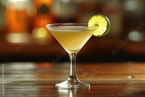 A classic daiquiri cocktail in a chilled martini glass, garnished with a lime wheel on the rim. 