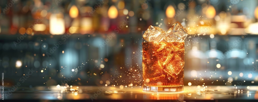A futuristic hologram depicting a refreshing glass of iced tea, glowing with digital realism The holographic image showcases detailed condensation on the glass, floating ice cubes