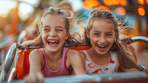 Two happy girls laughing while riding a roller coaster at an amusement park. photo