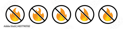 No fire restriction vector icon set with black cross mark. No fire, stop fire sign vector icon. Stop fire sign with flame. Fire prohibition sign. Vector illustration isolated on white background. photo