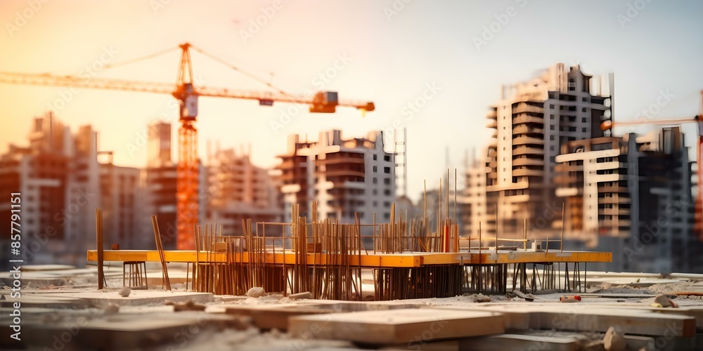 Obraz premium Construction site with tall residential building under construction and crane in background. Concept Construction, Residential Buildings, Crane, Urban Development, Skyscraper