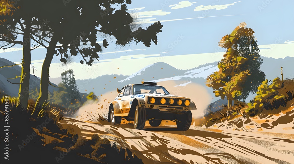 Obraz premium Rally racing car on dirt track, in the mountains, extreme sport activities theme, created with generative ai