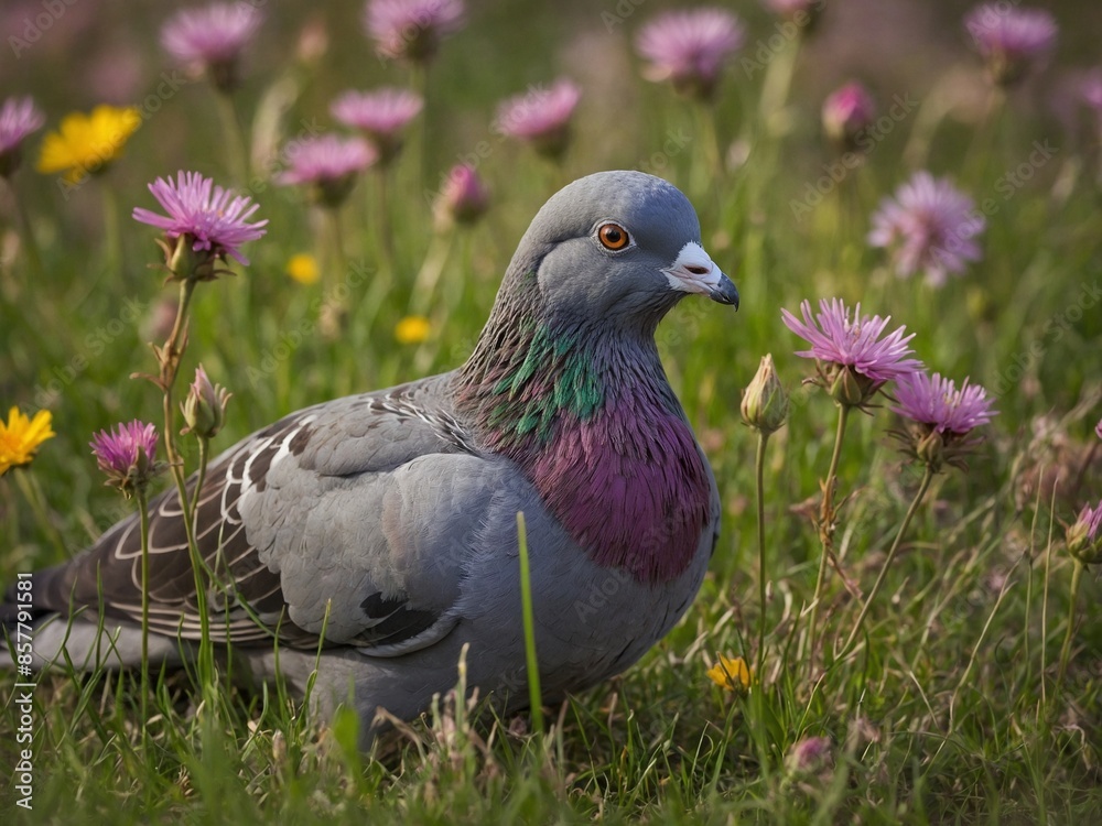 Amidst field of green grass, purple clover, iridescent pigeon rests. Its plumage blends shades of grey, blue, hints of green, while sunlight enhances vibrant colors.