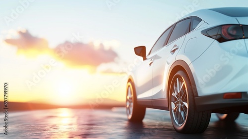 Minimalist white hybrid vehicle on the right, left side blank space with blurred sunset background, perfect for eco-friendly automotive ads.