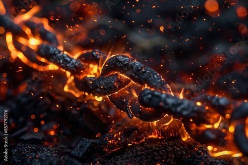 Symbolic fiery chains depict strength and resilience amidst adversity, embodying unwavering resolve photo