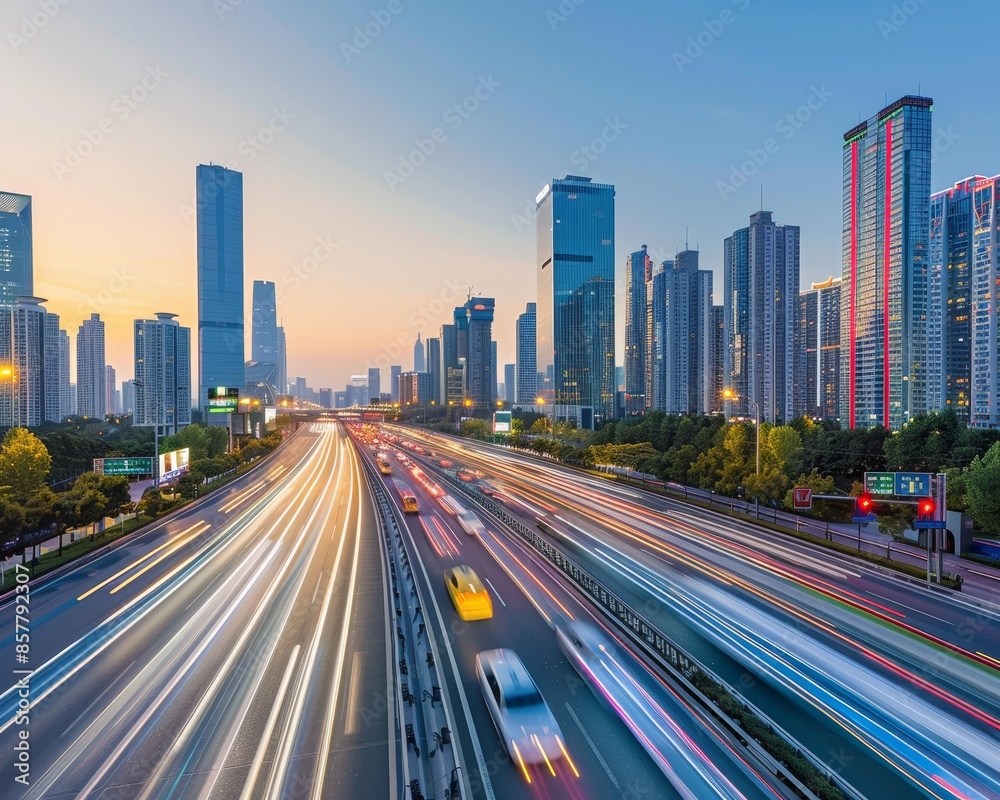 Evening city highway with modern skyscrapers and light traffic flow showcasing urban tranquility Evening city highway with modern skyscrapers and light traffic flow showcasing urban tranquility