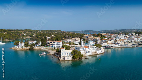 Aerial view of Porto Cheli, a luxury seaside retreat at the east edge of the Peloponnese peninsula, Greece