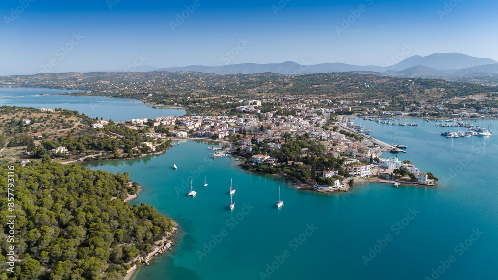 Aerial view of Porto Cheli, a luxury seaside retreat at the east edge of the Peloponnese peninsula, Greece Aerial view of Porto Cheli, a luxury seaside retreat at the east edge of the Peloponnese peninsula, Greece