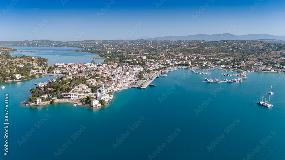 Aerial view of Porto Cheli, a luxury seaside retreat at the east edge of the Peloponnese peninsula, Greece Aerial view of Porto Cheli, a luxury seaside retreat at the east edge of the Peloponnese peninsula, Greece