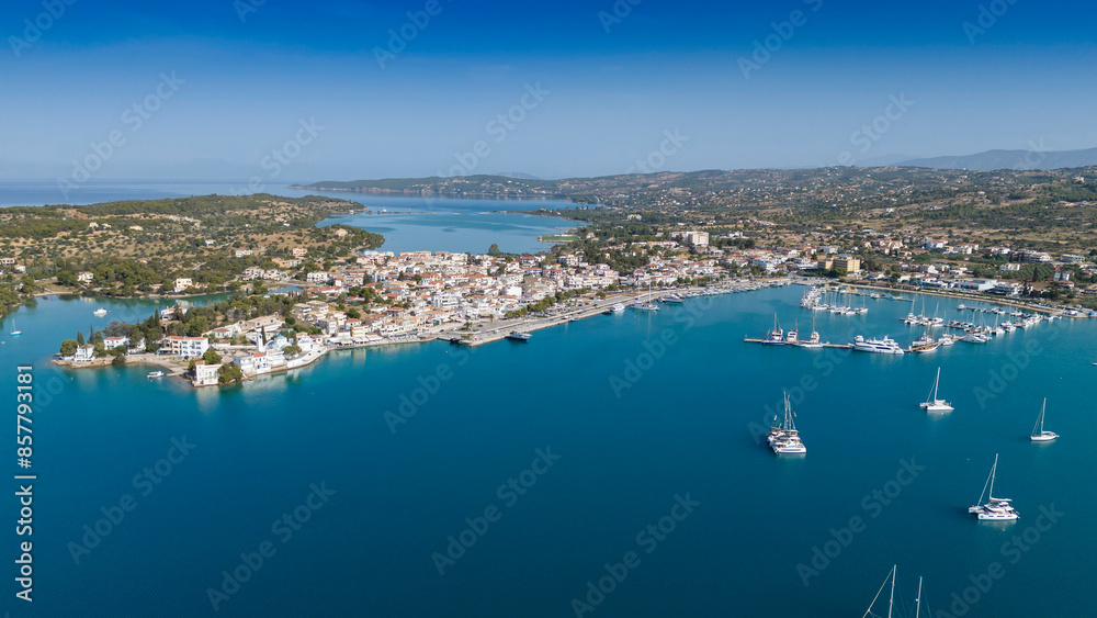 Obraz premium Aerial view of Porto Cheli, a luxury seaside retreat at the east edge of the Peloponnese peninsula, Greece