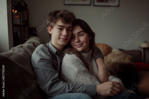 Young couple cuddling on a cozy sofa at home, smiling and content