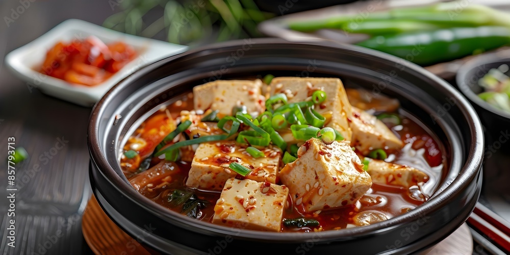 Spicy Korean stew with tofu vegetables a flavorful and invigorating delight. Concept Korean cuisine, Spicy stew, Tofu, Vegetables, Flavorful dishes Spicy Korean stew with tofu vegetables a flavorful and invigorating delight. Concept Korean cuisine, Spicy stew, Tofu, Vegetables, Flavorful dishes