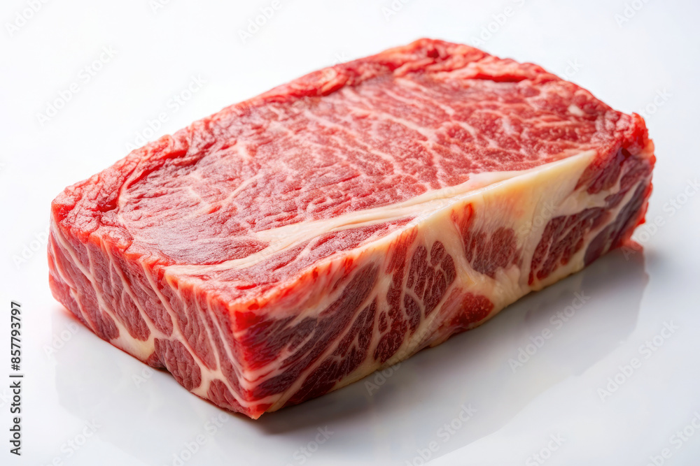 Close-up of a high-quality raw Wagyu beef steak with intricate marbling on a white background Close-up of a high-quality raw Wagyu beef steak with intricate marbling on a white background