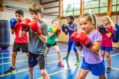 Group of children in a gym practicing boxing with gloves, focused and determined. Physical activity, teamwork, and self-discipline.