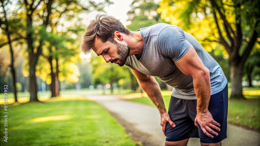 Tired young male athlete standing bent over in a park after an intense run, showing exhaustion and determination. Tired young male athlete standing bent over in a park after an intense run, showing exhaustion and determination.