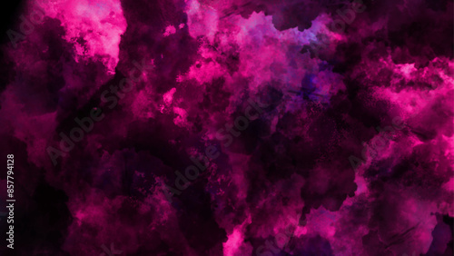 Bright light pink ink watercolor on black background. Stained blurry pink grunge texture, pink ink effect watercolor.
