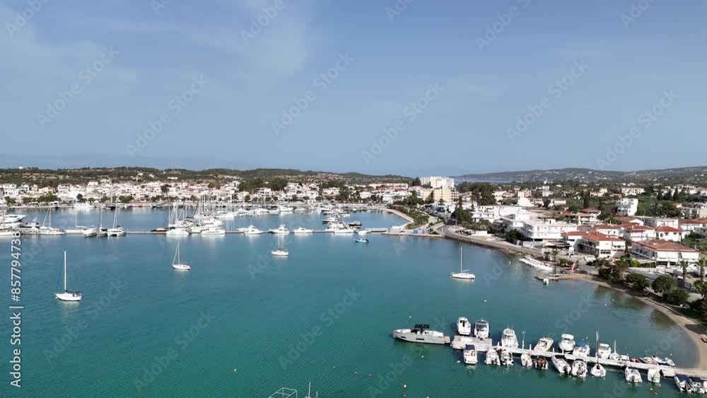 Aerial view of Porto Cheli, a luxury seaside retreat at the east edge of the Peloponnese peninsula, Greece Aerial view of Porto Cheli, a luxury seaside retreat at the east edge of the Peloponnese peninsula, Greece