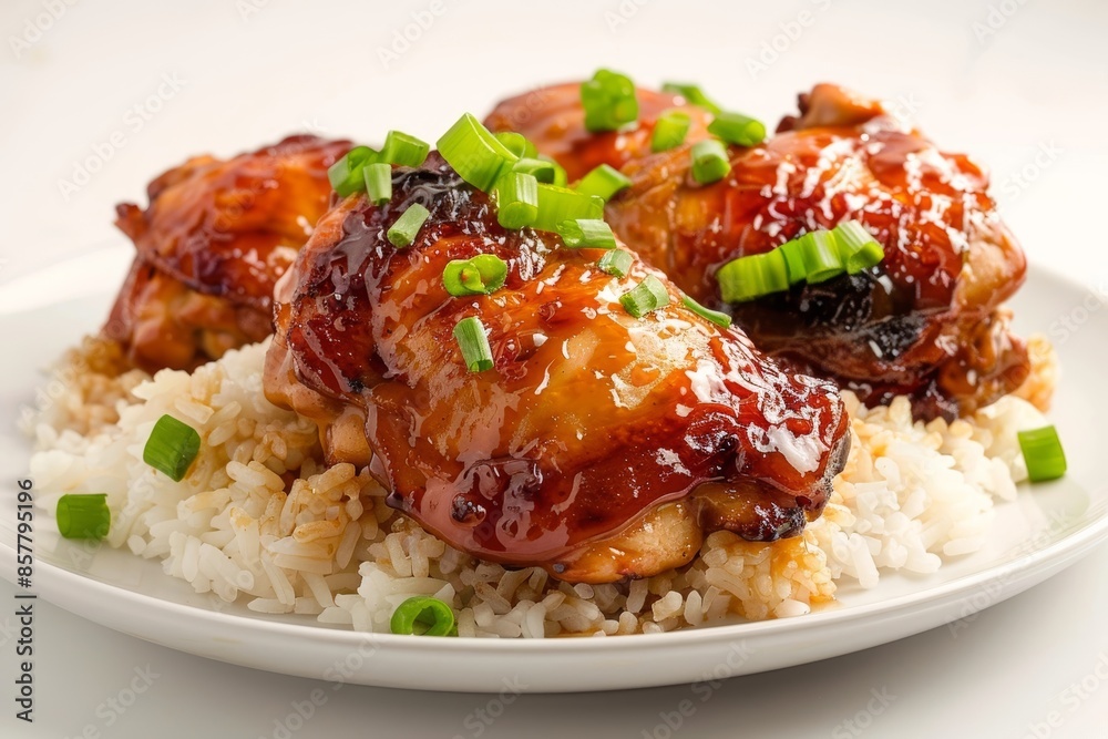 Appetizing Caramel Chicken Thighs on a Bed of Fluffy Rice Appetizing Caramel Chicken Thighs on a Bed of Fluffy Rice