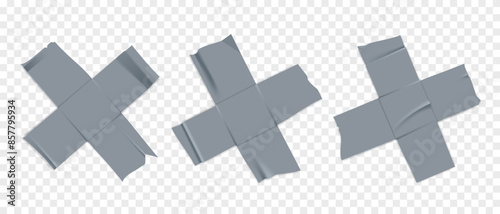 Vector set of 3D realistic silver cross adhesive tape. Torn pieces of masking tape isolated on transparent background. PNG duct tape.