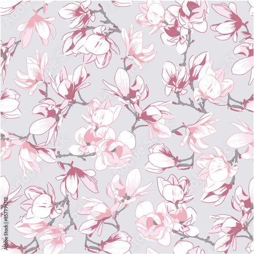Beautiful seamless vector pattern with japanese flowers, paradise flowers, magnolias, spring wallpapers, branches. Ideal for wallpapers, web page backgrounds, surface textures, textiles.