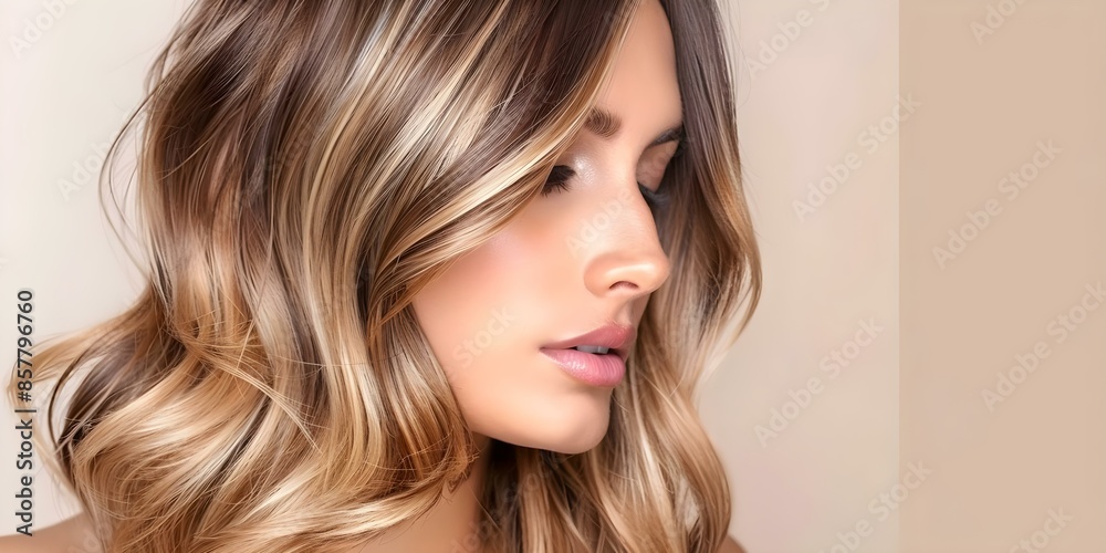 Obraz premium Woman with ombre or balayage hair dye showcasing professional hair coloring technique. Concept Hair Color Trends, Balayage Technique, Ombre Hair Dye, Professional Styling, Trendy Hairstyles