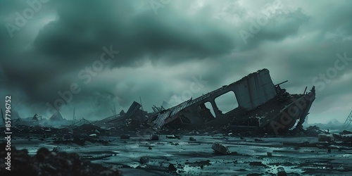 A dystopian landscape of wartorn ruins and abandoned technology a testament to humanitys mistakes. Concept Apocalyptic Scenes, Ruined Civilization, Abandoned Technology, Humanity's Mistakes photo