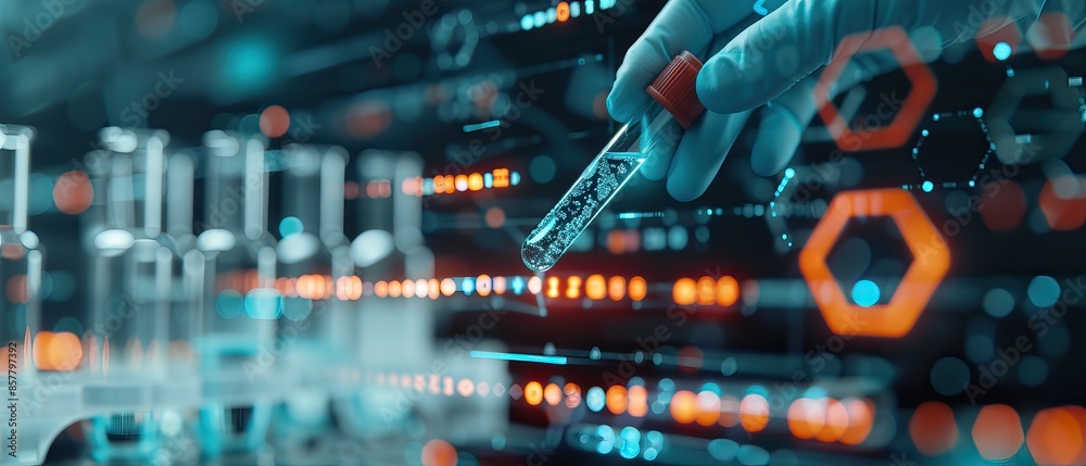 A scientist using technology to analyze data in a futuristic laboratory, reflecting innovation and advanced research. A scientist using technology to analyze data in a futuristic laboratory, reflecting innovation and advanced research.