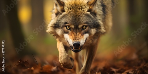 Angry lone wolf stalking forest trail baring teeth ready to attack. Concept Wildlife, Nature, Danger, Animals, Wilderness photo