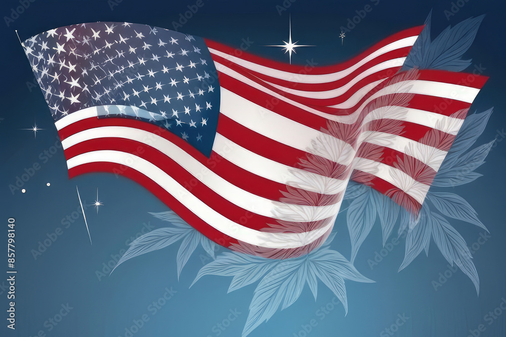 Fototapeta premium Patriotic American Flag, stars, stripes and flowers digital background in watercolor style.