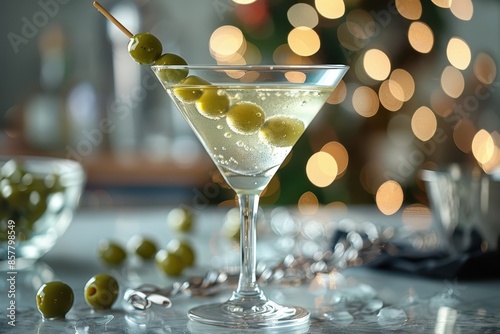A classic martini cocktail in a chilled glass, garnished with a green olive on a cocktail pick.
