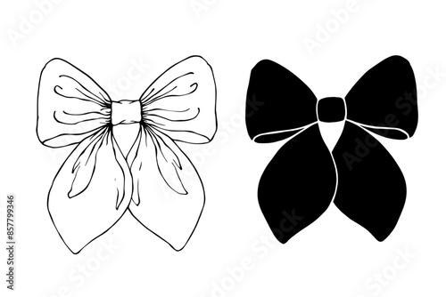 Linear sketch, silhouette of a festive bow. Vector graphics.