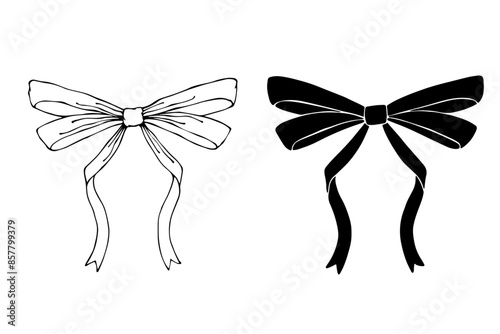 Linear sketch, silhouette of a festive bow. Vector graphics.