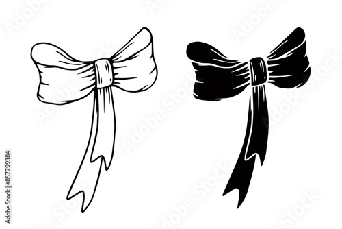 Linear sketch, silhouette of a festive bow. Vector graphics.