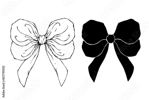 Linear sketch, silhouette of a festive bow. Vector graphics.
