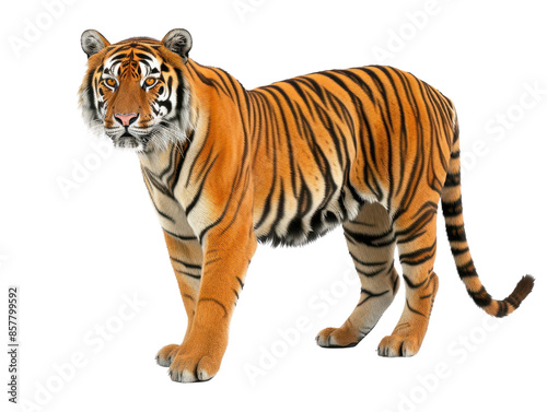 Majestic tiger standing with vivid orange and black stripes, isolated on a white background, showcasing strength and grace.