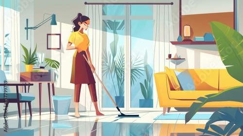 A woman sweeps the floor in a living room