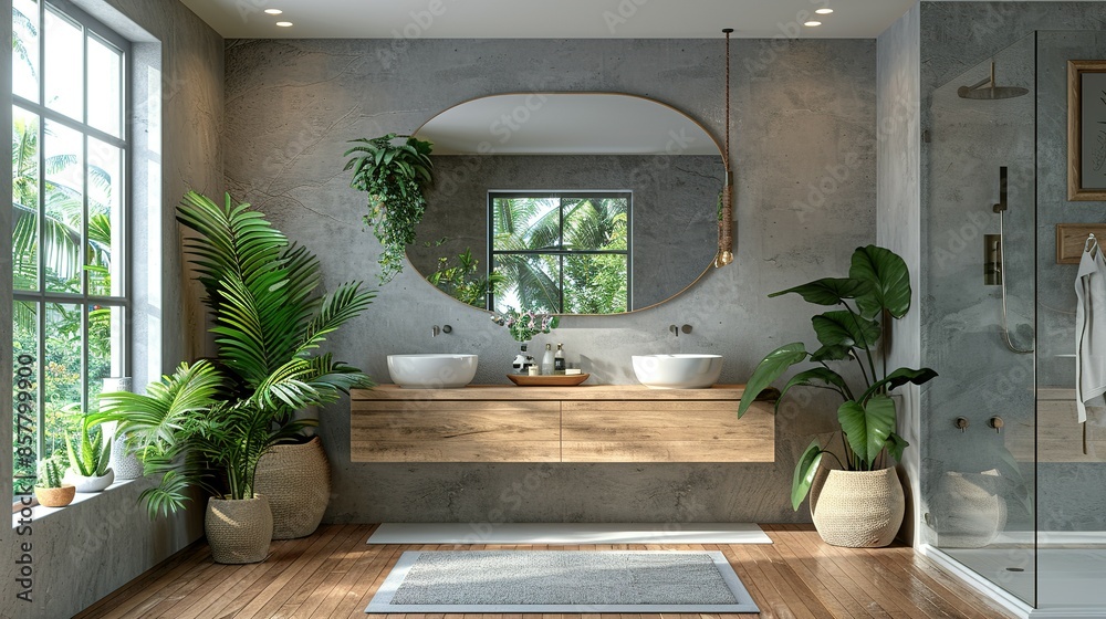 Elegant Bathroom Interior with Glass Shower, Sink, and Window. Frame for Customization. Elegant Bathroom Interior with Glass Shower, Sink, and Window. Frame for Customization.