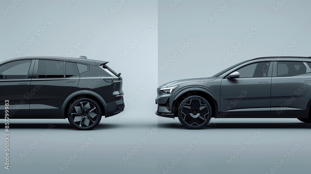 Fototapeta premium Modern grey electric SUV on the right, plain background with left side open for text, ideal for automotive promotional images.