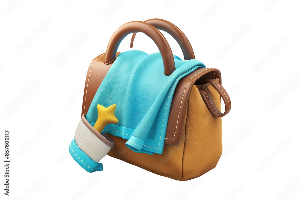 3D icon of a beach bag with a towel sticking out, isolated on a white background 3D icon of a beach bag with a towel sticking out, isolated on a white background