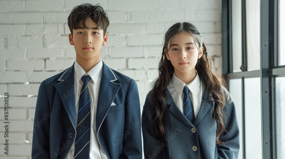 Two young people wearing school uniforms stand in front of a brick wall Two young people wearing school uniforms stand in front of a brick wall