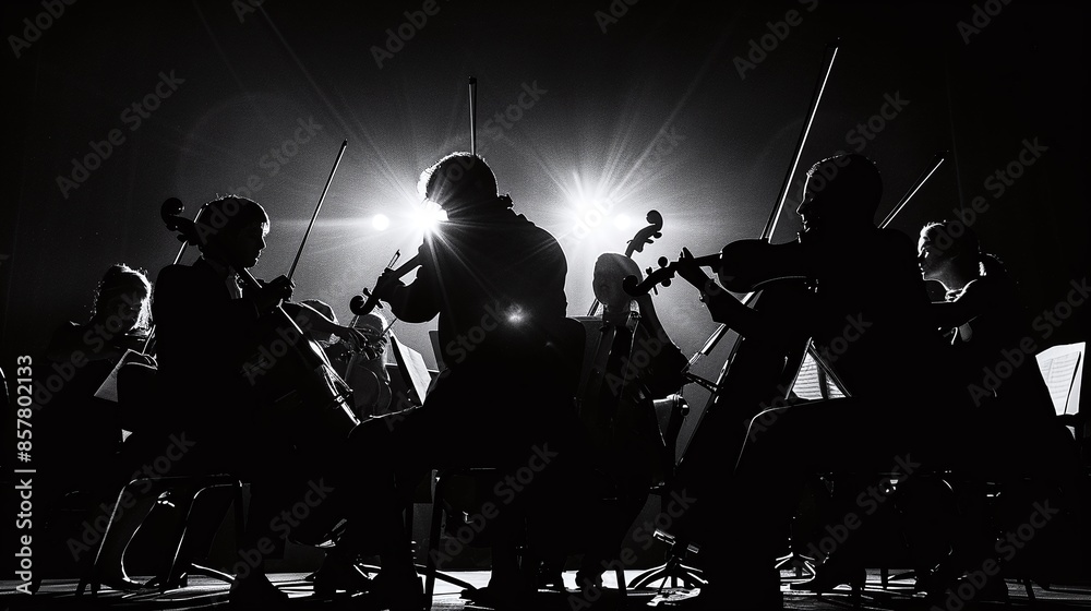Fototapeta premium composition of symphony orchestra instruments, only silhouettes are visible, black background
