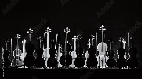 composition of symphony orchestra instruments, only silhouettes are visible, black background photo