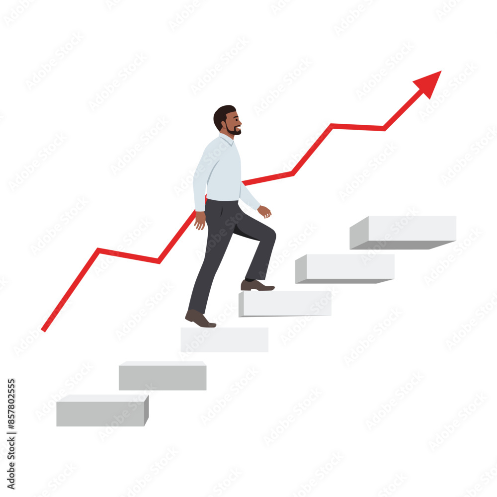 Young business man steps up stairs to successful point. Flat vector illustration isolated on white background Young business man steps up stairs to successful point. Flat vector illustration isolated on white background