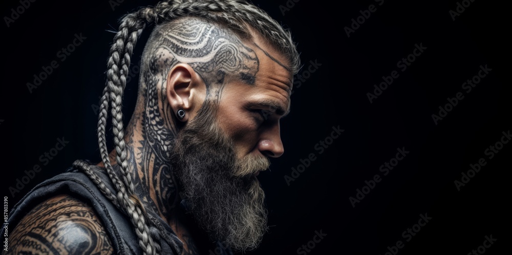 Close-up photo of a man with a beard styled into intricate braids on a dark grey background
Close-up photo of a man with a beard styled into intricate braids on a dark grey background