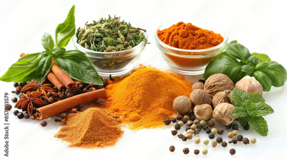Assortment of Spices and Herbs on White Background Assortment of Spices and Herbs on White Background