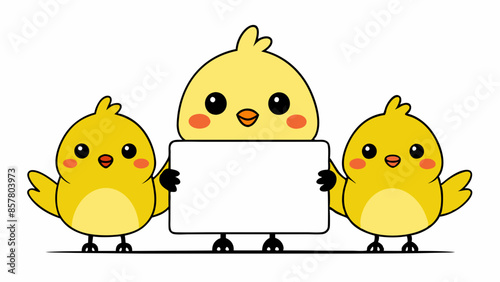 Cute chicks holding blank text board vector illustration