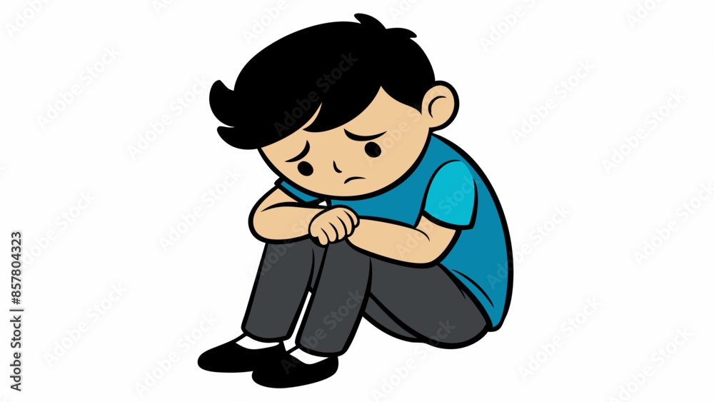 Vector cartoon illustration of a sad boy hugging his knee and crying Vector cartoon illustration of a sad boy hugging his knee and crying