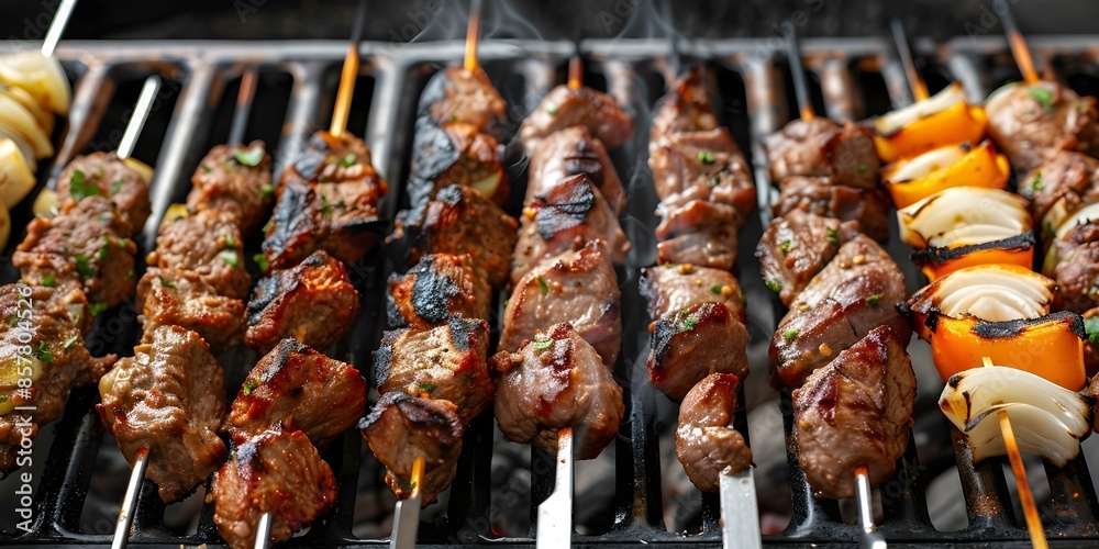 Savor a variety of grilled skewers cooked over an open flame. Concept Grilled Skewers, BBQ Delights, Flame-Grilled Goodness, Outdoor Cooking, Tasty Kabobs Savor a variety of grilled skewers cooked over an open flame. Concept Grilled Skewers, BBQ Delights, Flame-Grilled Goodness, Outdoor Cooking, Tasty Kabobs