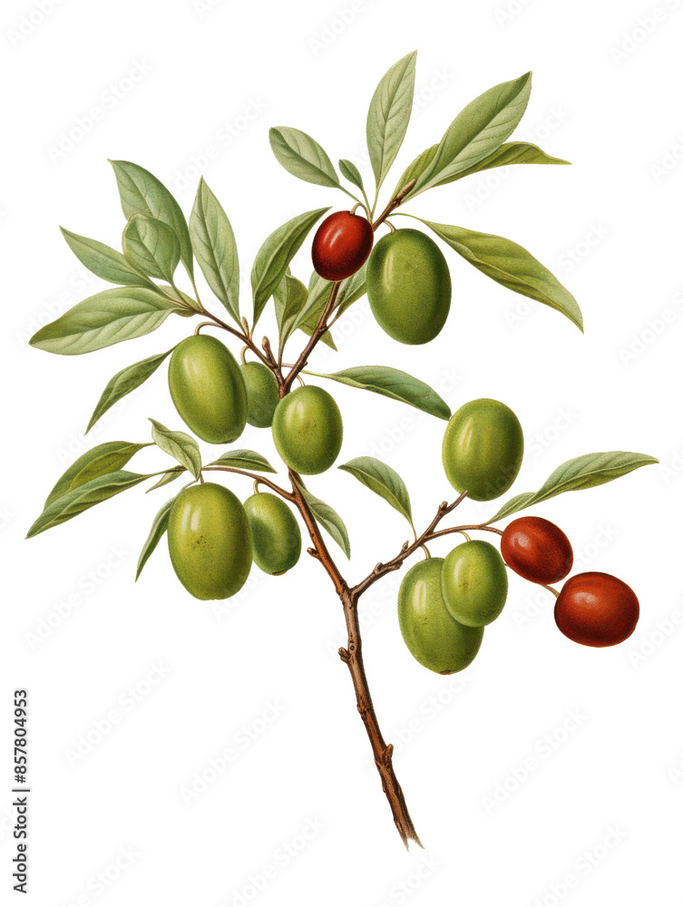 Jujube with branches and leaves isolated on transparent background, old botanical illustration Jujube with branches and leaves isolated on transparent background, old botanical illustration