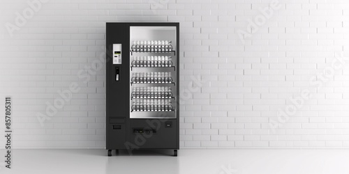 Monochromatic automated vending machine with 3D rendering of snacks and beverages, featuring an empty display and push-button system.